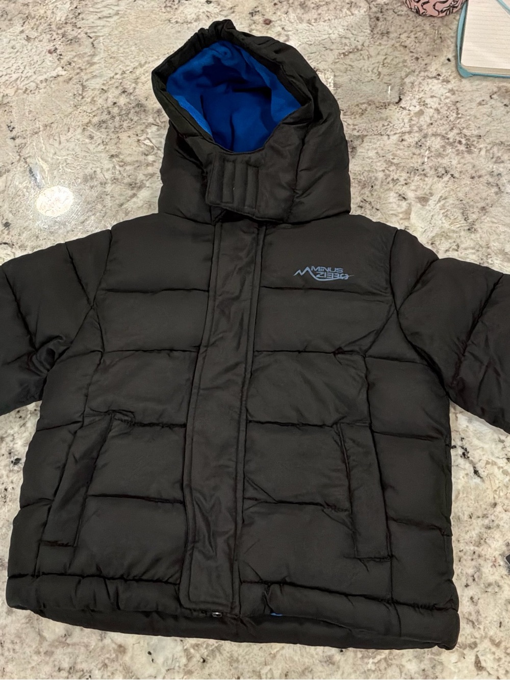 Kids' Black Puffer Jacket with Blue Hood Lining by Minus Zero